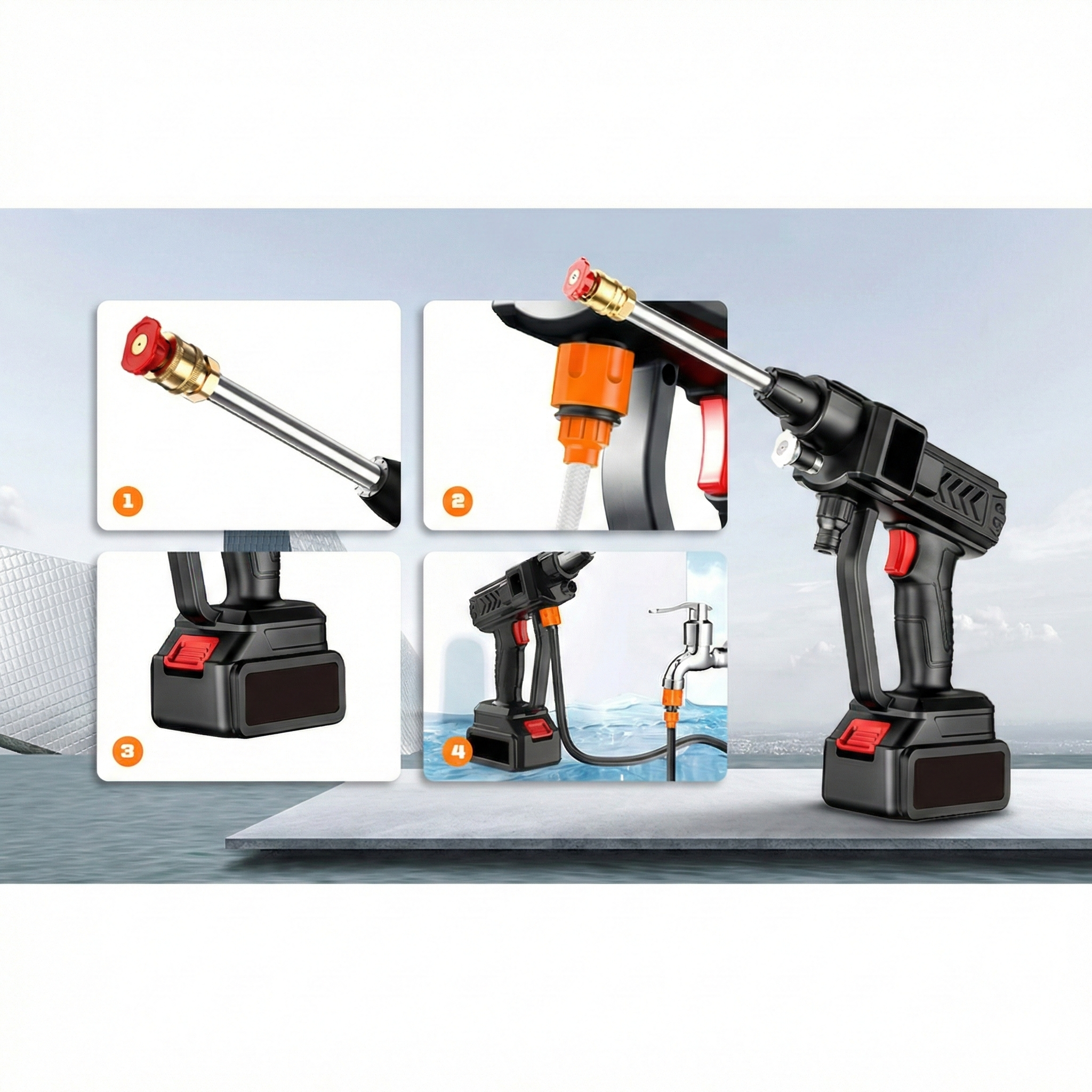 Aparat de curatat electric cu presiune, fara fir, cu 2 acumulatori 48V, presiune ridicata, filtre si duze incluse, negru