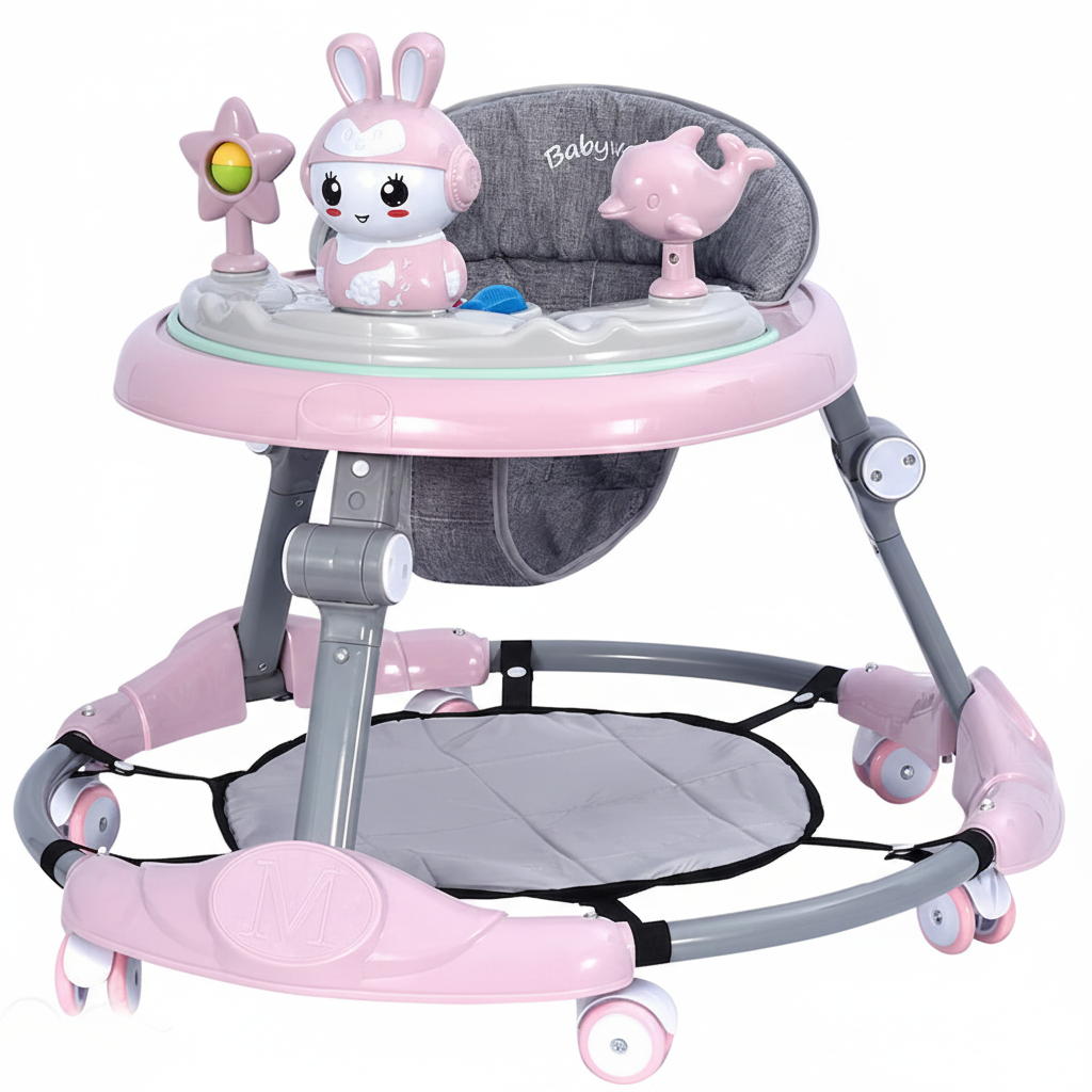 Premergator multifunctional pentru bebelusi, tava cu 3 jucarii si muzica, reglabil si pliabil, max 20 kg, 6–36 luni, roz