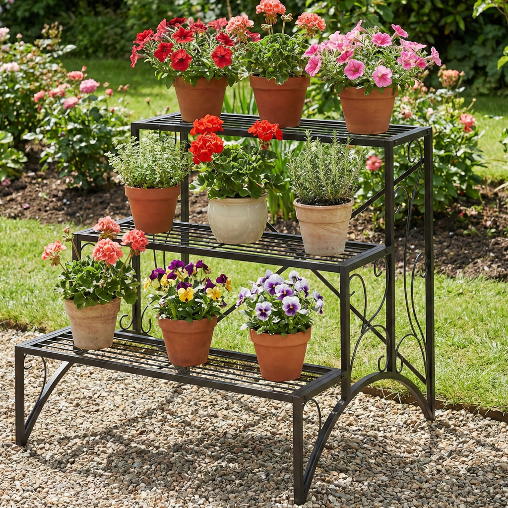 Etajeră-suport pentru plante, cu 3 niveluri, în formă de scară, pentru interior și exterior, din metal