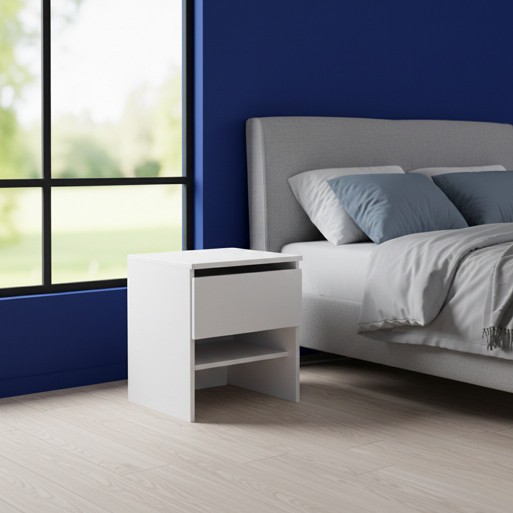 Noptiera moderna si eleganta, alba, cu sertar și raft deschis, varianta compacta pentru dormitor