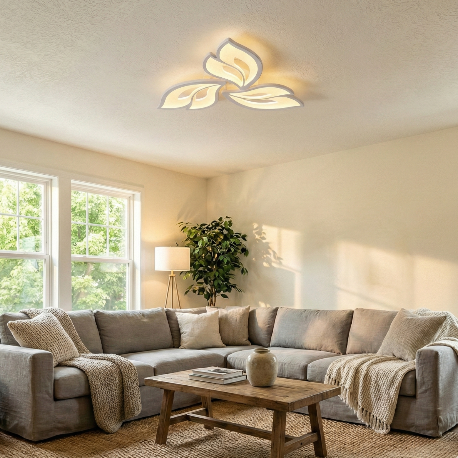 Lustra LED tavan moderna ANEMONE alba, cu telecomanda, echivalent 300 W, design floare 50 cm