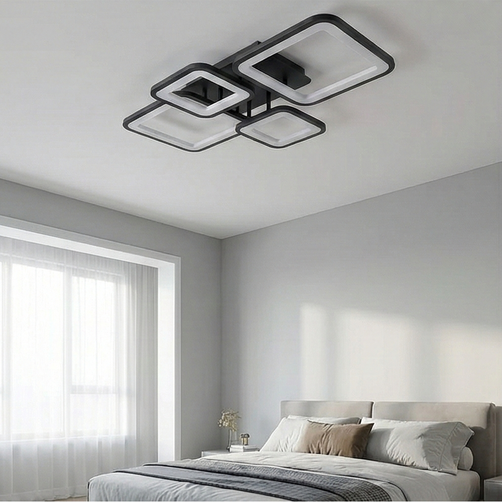 Lustra LED tavan 2+2 patrate neagra, cu telecomanda, echivalent 500W, lustra moderna dormitor