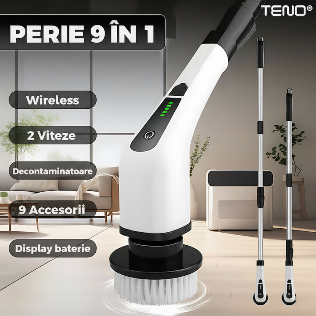 Perie electrică rotativă cu mâner extensibil, 9 capete, 2 viteze