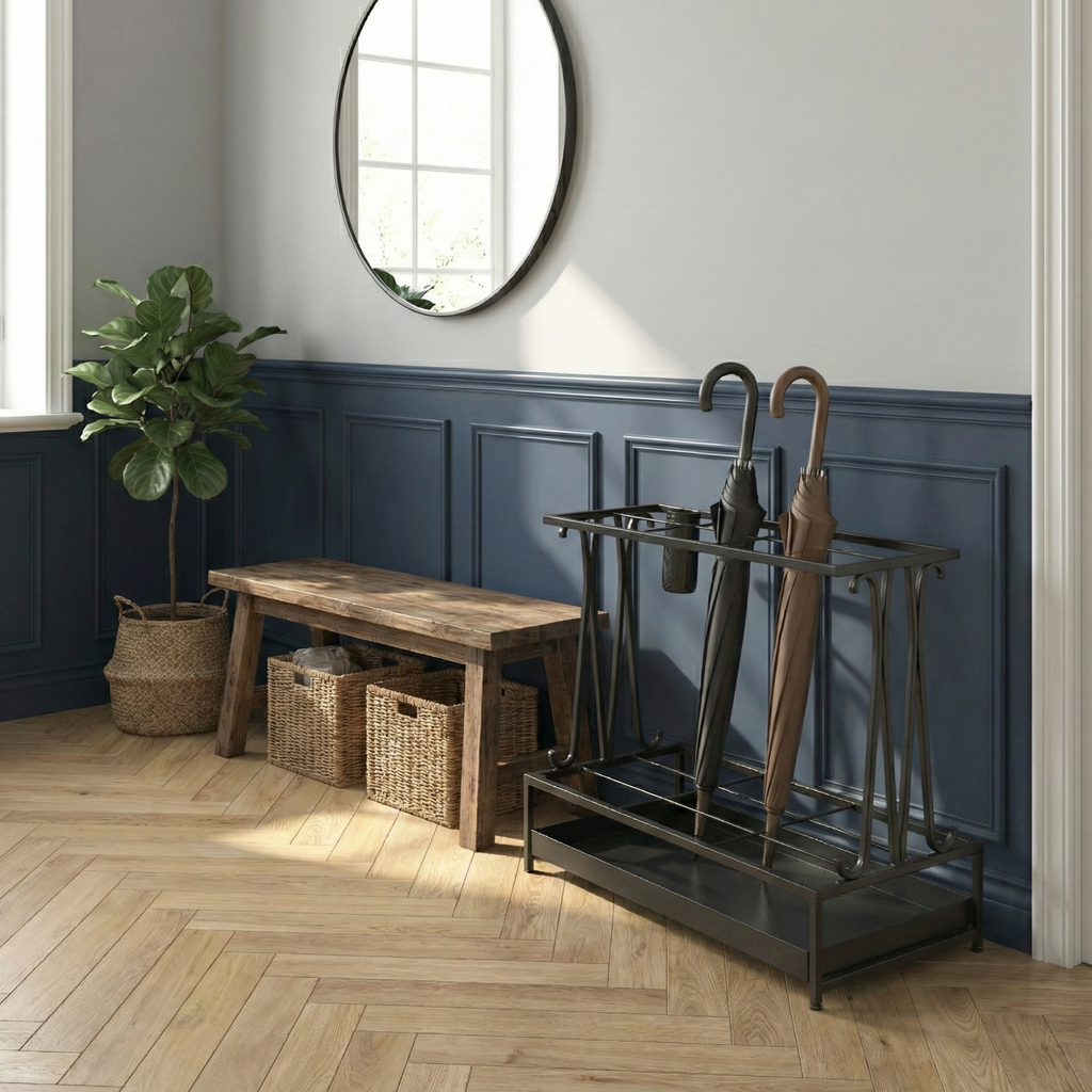 Suport pentru umbrele din otel cu tabla de scurgere, negru