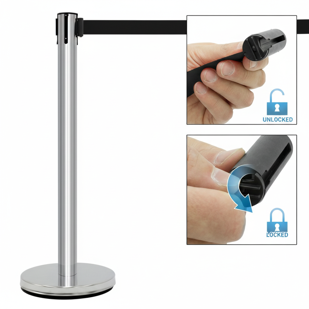 Set 2 stalpi delimitare cu banda retractabila 1.85 m, otel, baza grea