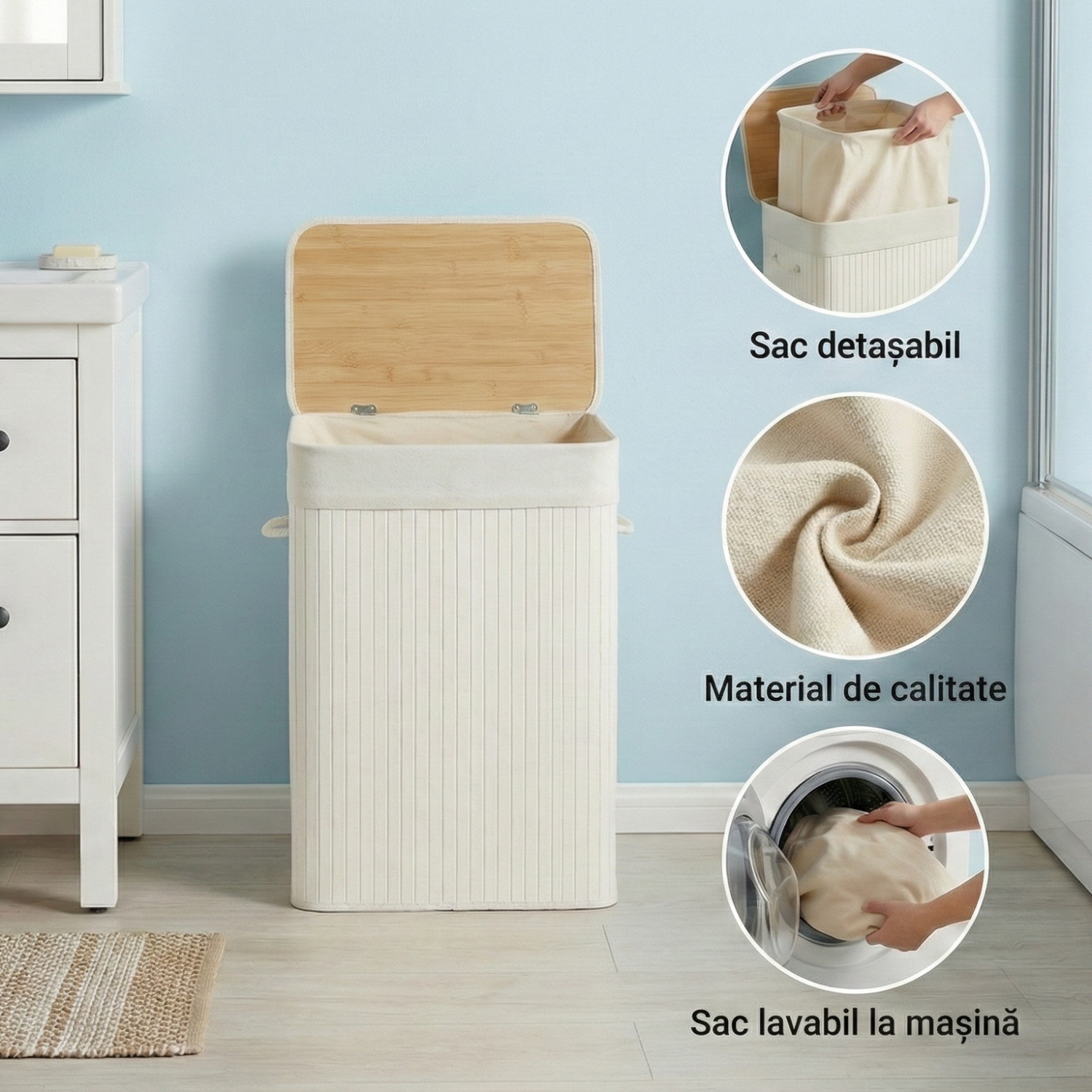 Cos de rufe din bambus, pliabil, cu captuseala detasabila, 72L, 40x30x60cm, alb