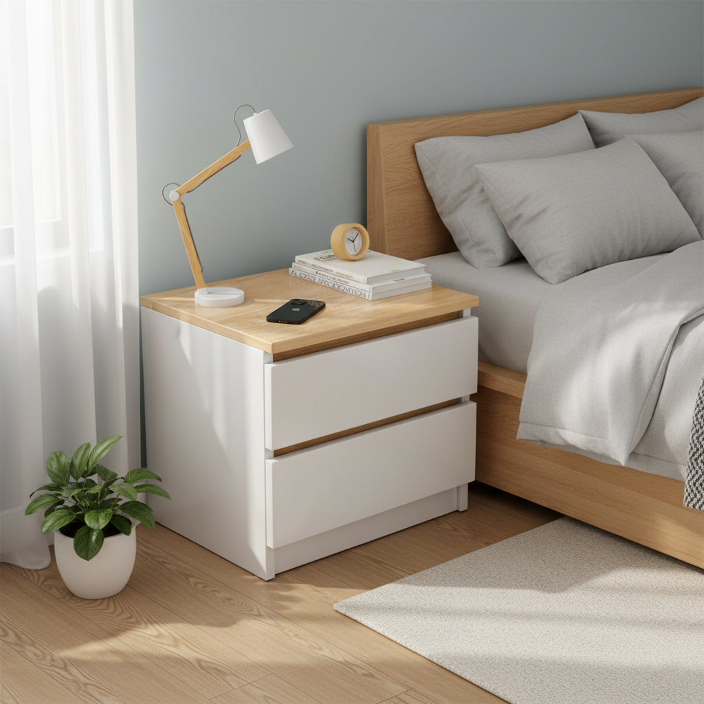 Noptiera moderna cu 2 sertare alba cu blat de lemn