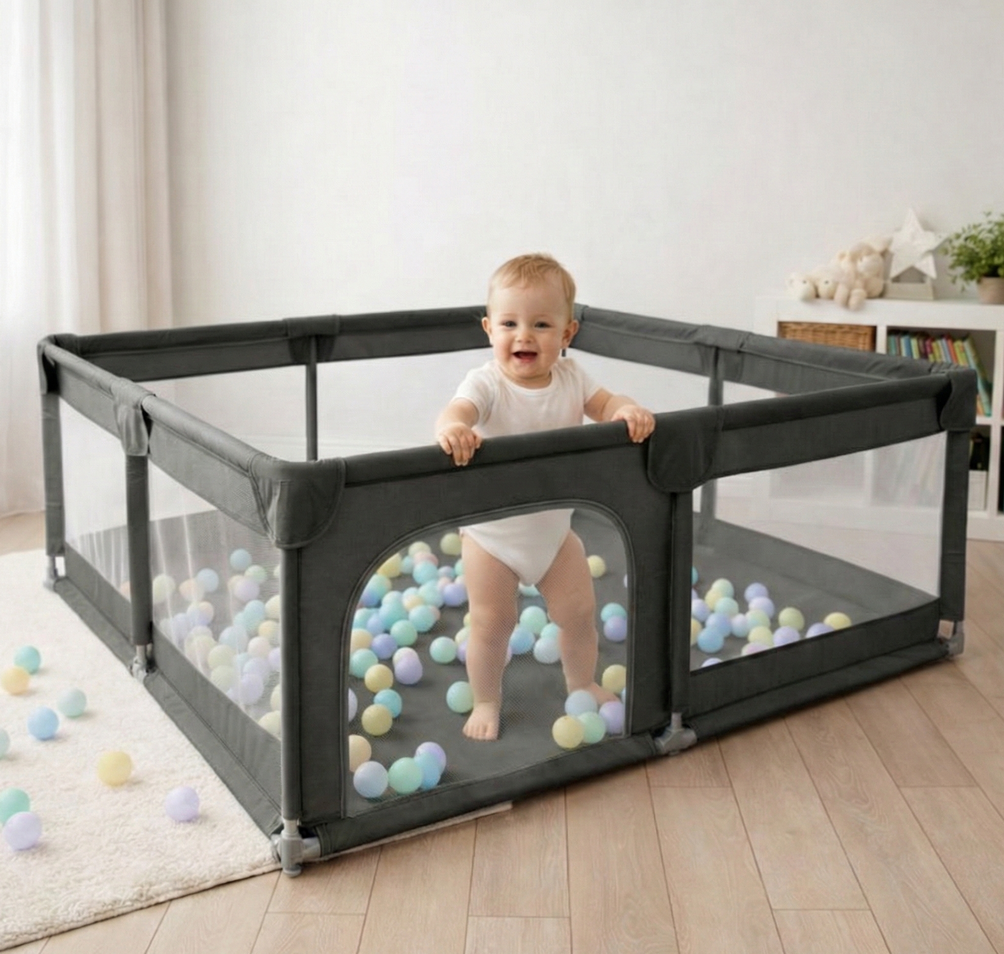 Parc de joacă interior (tarc) pentru copii, cu fermoar si bile, 180×200 cm, gri