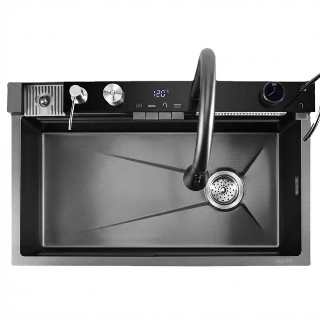 Chiuvetă Bucătărie Multifuncțională Negru Grafit, cu 2 Cascade, Robinet Tip Cascadă, Afișaj Digital Temperatură, Accesorii Incluse