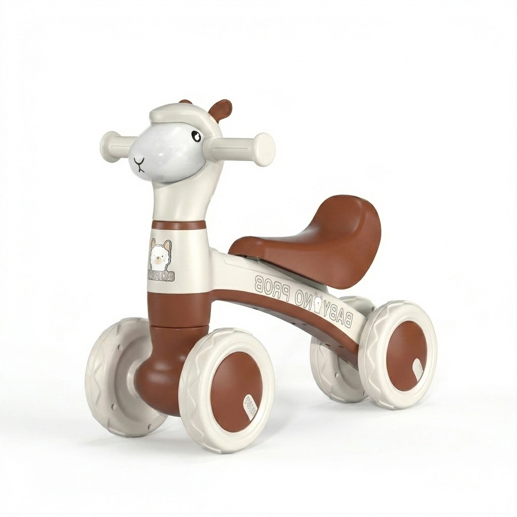 Bicicleta fara pedale pentru copii, 4 roti, lumini si muzica, jucarie de echilibru maro