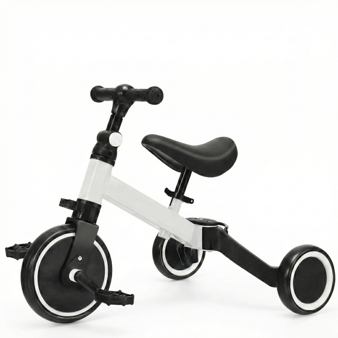 Bicicleta 2 in 1 pentru copii, cu 3 roti, cadru din aluminiu si manere din cauciuc, alba