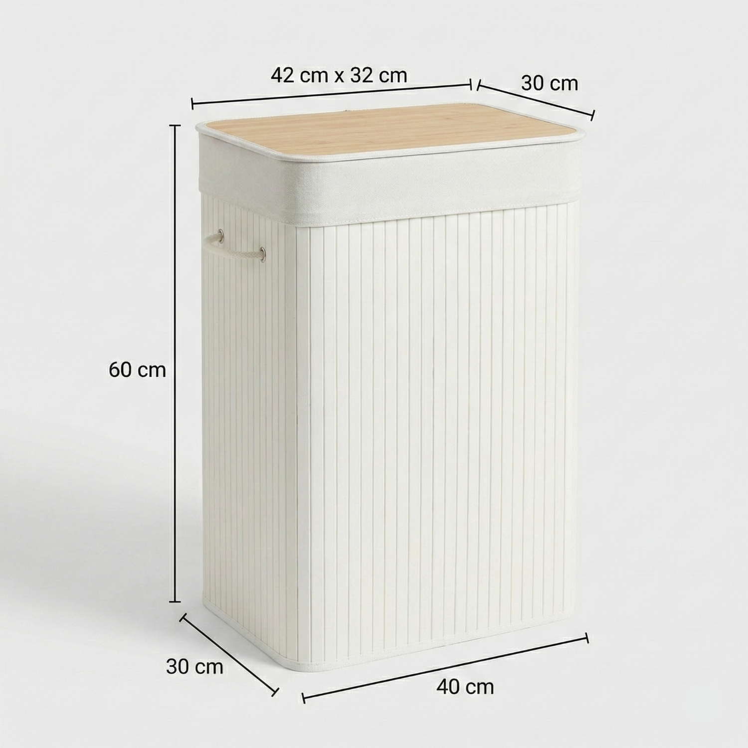 Cos de rufe din bambus, pliabil, cu captuseala detasabila, 72L, 40x30x60cm, alb