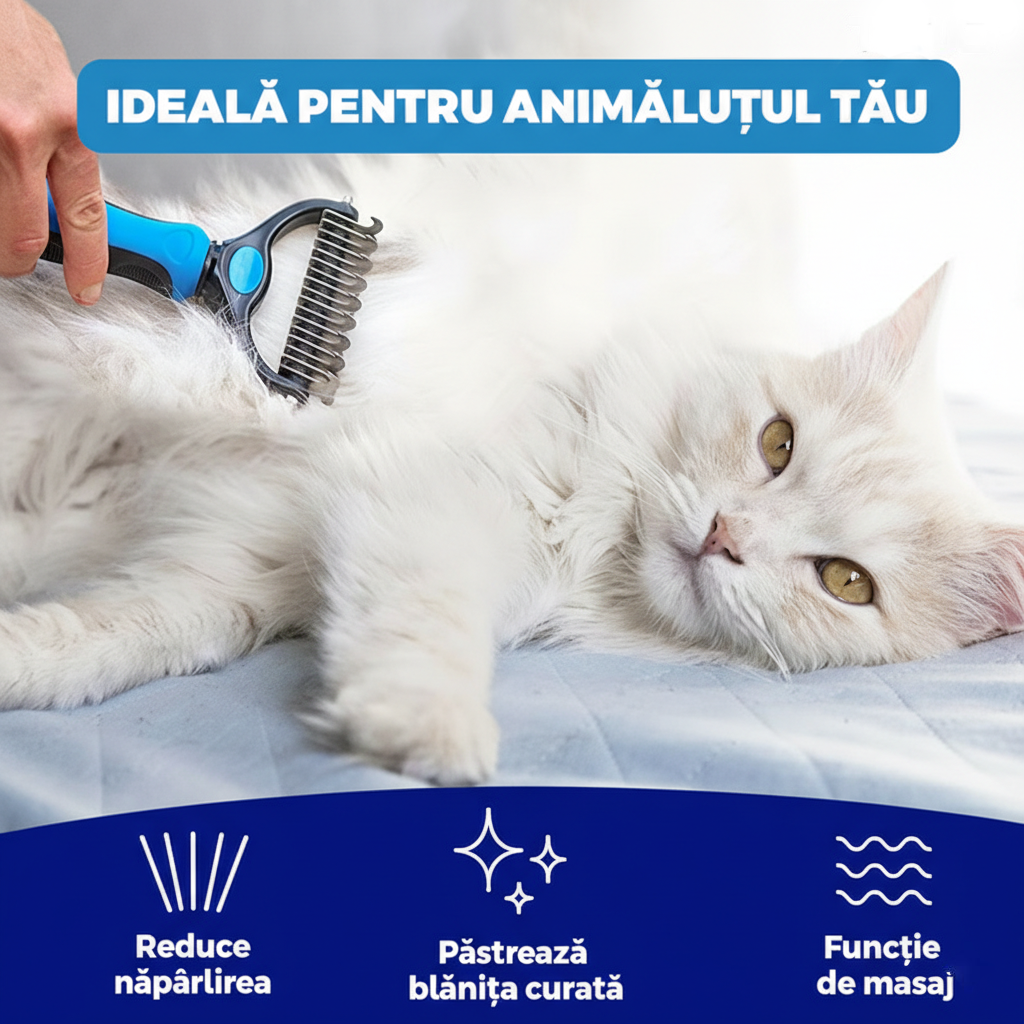 Perie profesionala pentru animale de companie, caini si pisici, din inox dublu, culoare albastră, pentru tuns, contur și descurcarea blănii, ideal pentru grooming acasă
