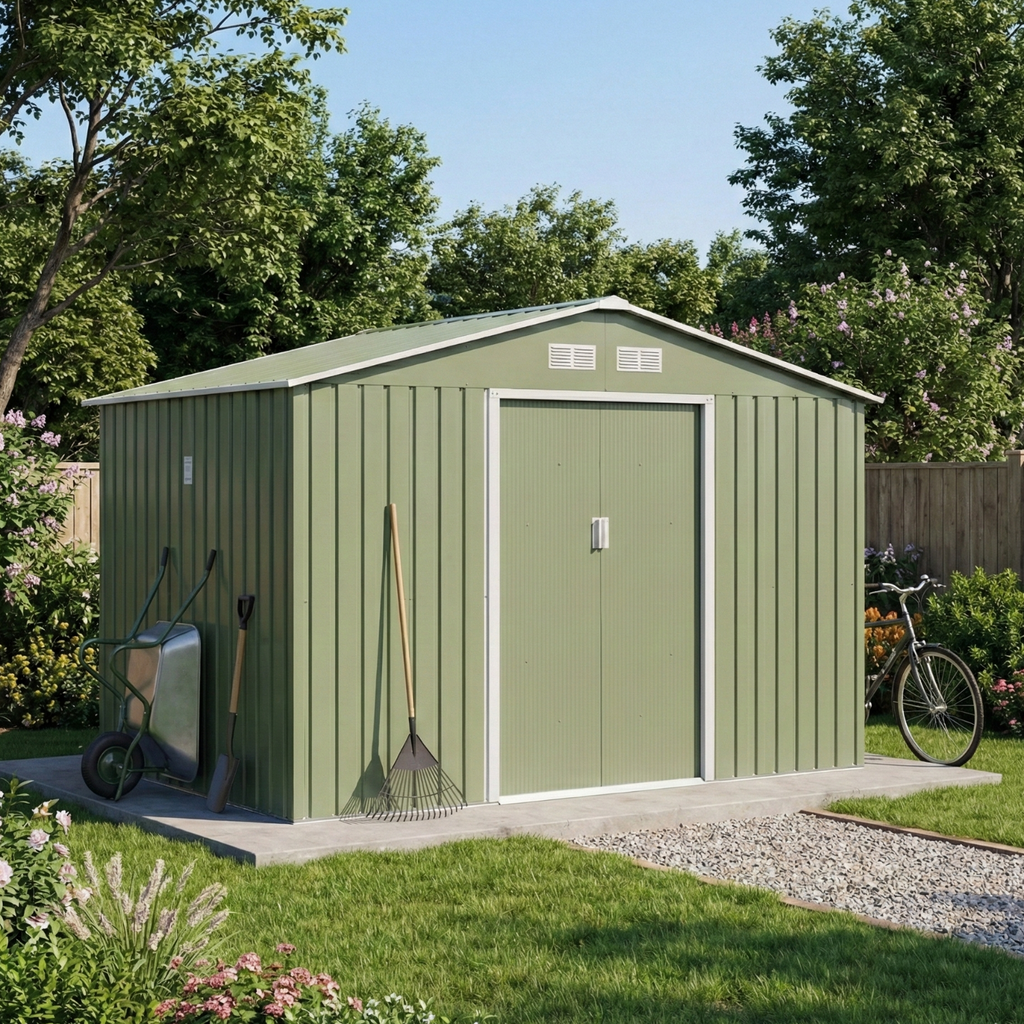 Magazie de gradina 277 x 195 x 192cm cu usi glisante duble, 4 orificii de aerisire, din otel durabil, verde