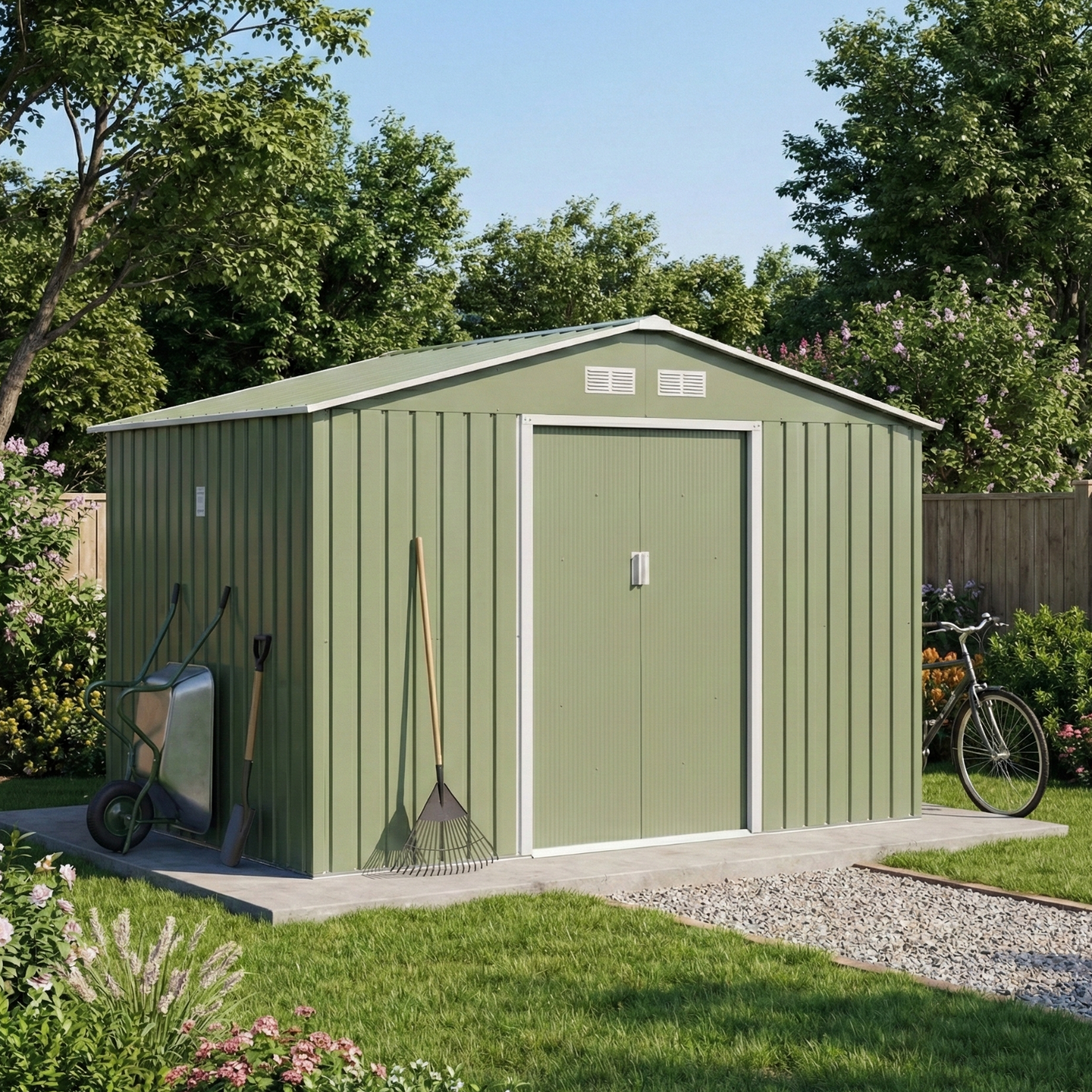 Magazie de gradina 277 x 195 x 192cm cu usi glisante duble, 4 orificii de aerisire, din otel durabil, verde