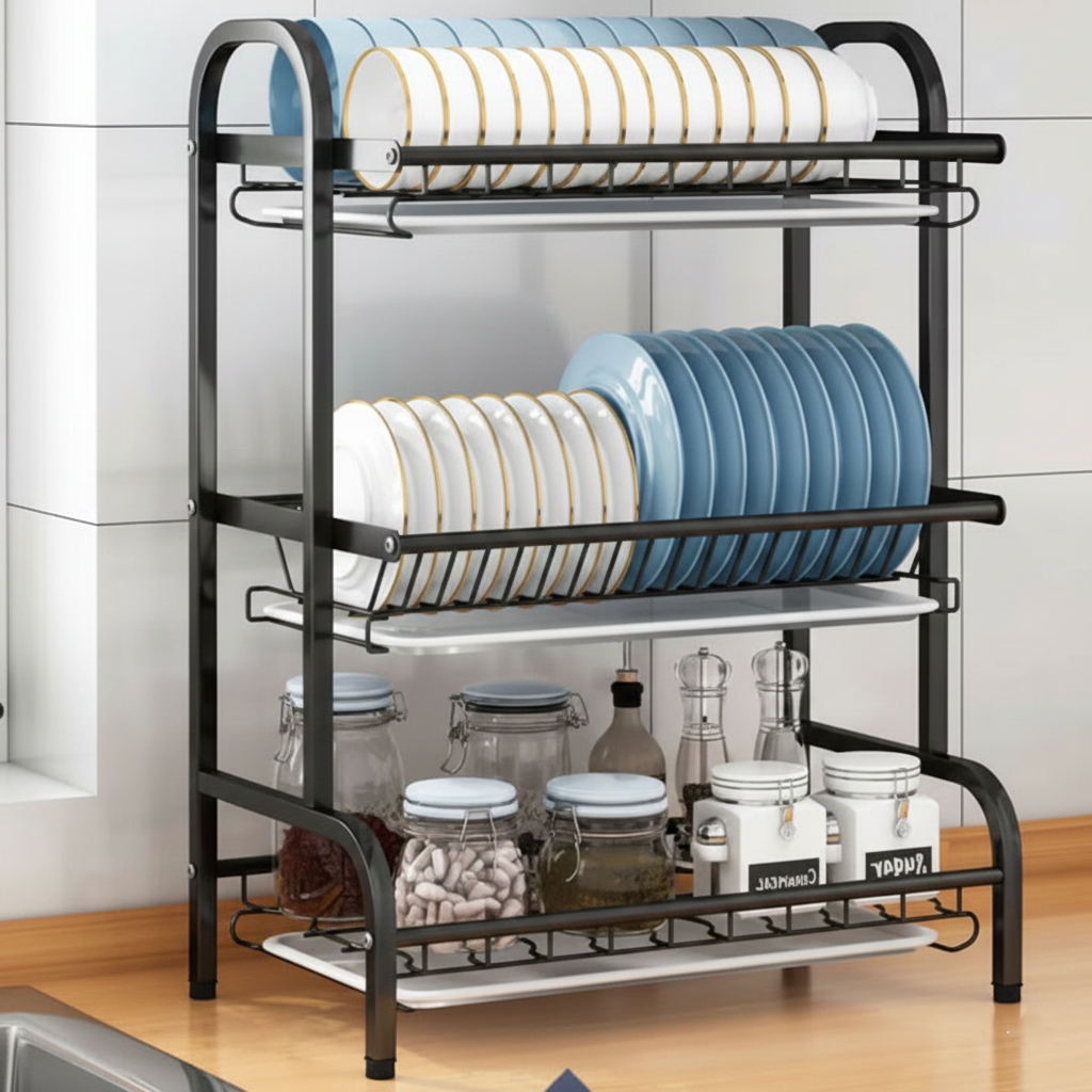 Scurgator vase pe 3 niveluri pentru organizare eficienta, din otel inox 304, 42.5×25.5×61 cm, negru