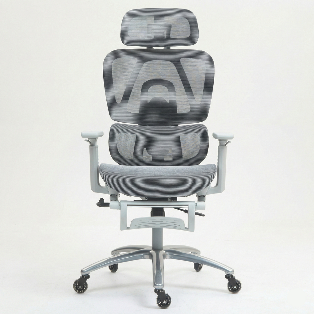 Scaun de birou ergonomic cu suport lombar dinamic, tetiera 3D si cotiere reglabile, mesh alb-gri