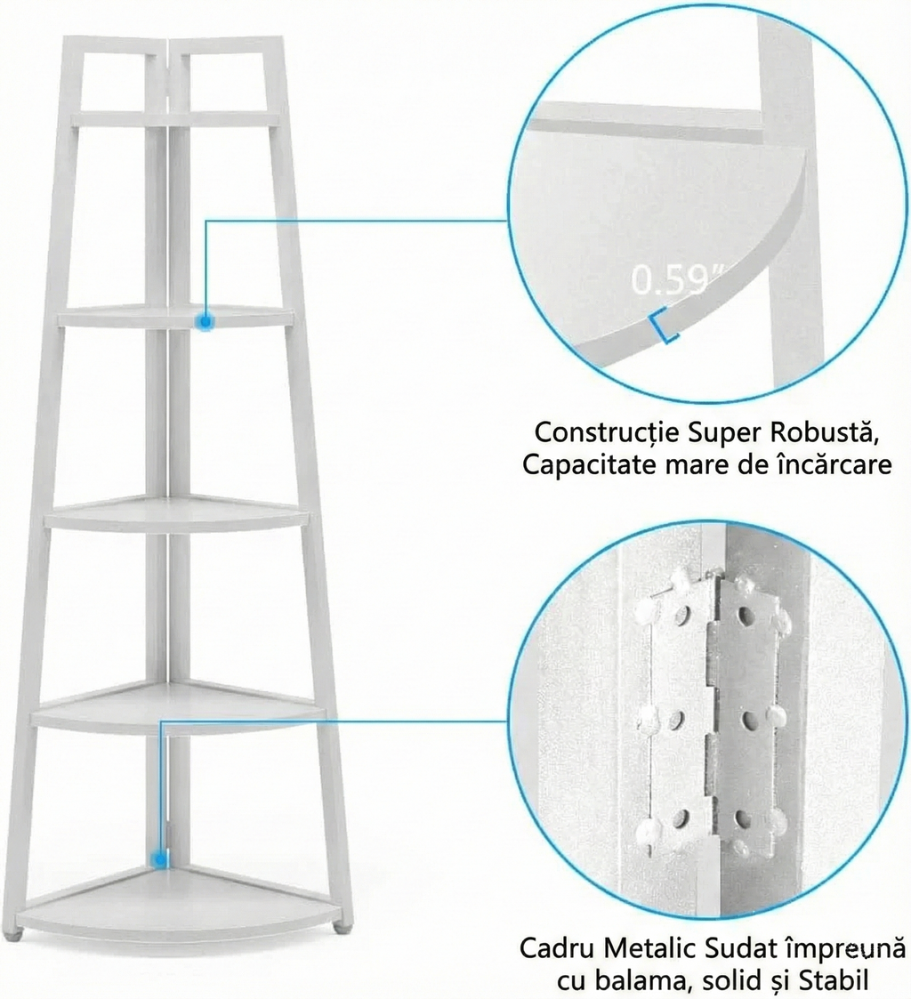 Raft biblioteca de colt cu 5 polite, alb, 52 x 34 x 110cm