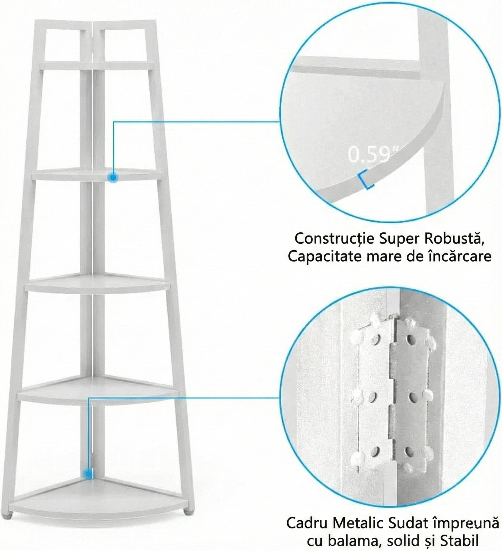 Raft biblioteca de colt cu 5 polite, alb, 52 x 34 x 110cm