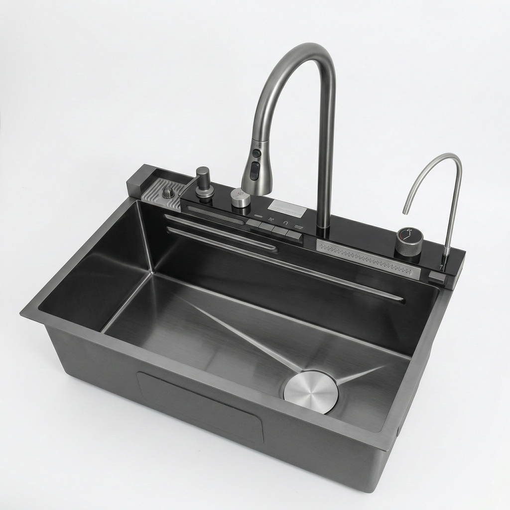 Chiuvetă Bucătărie Multifuncțională Negru Grafit, cu 2 Cascade, Robinet Tip Cascadă, Afișaj Digital Temperatură, Accesorii Incluse