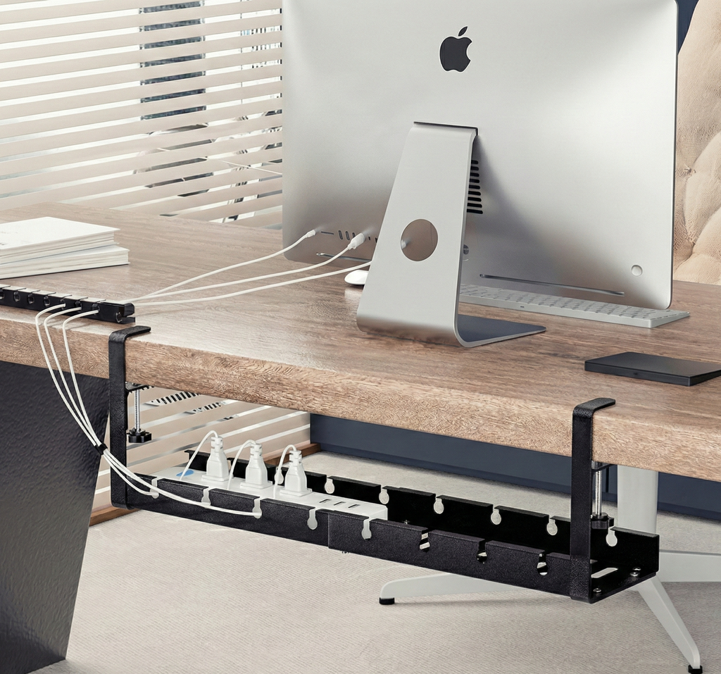 Organizator de cabluri sub birou, tava metalica cu clema, fara gaurire, extensibil 29–54,5 cm, negru