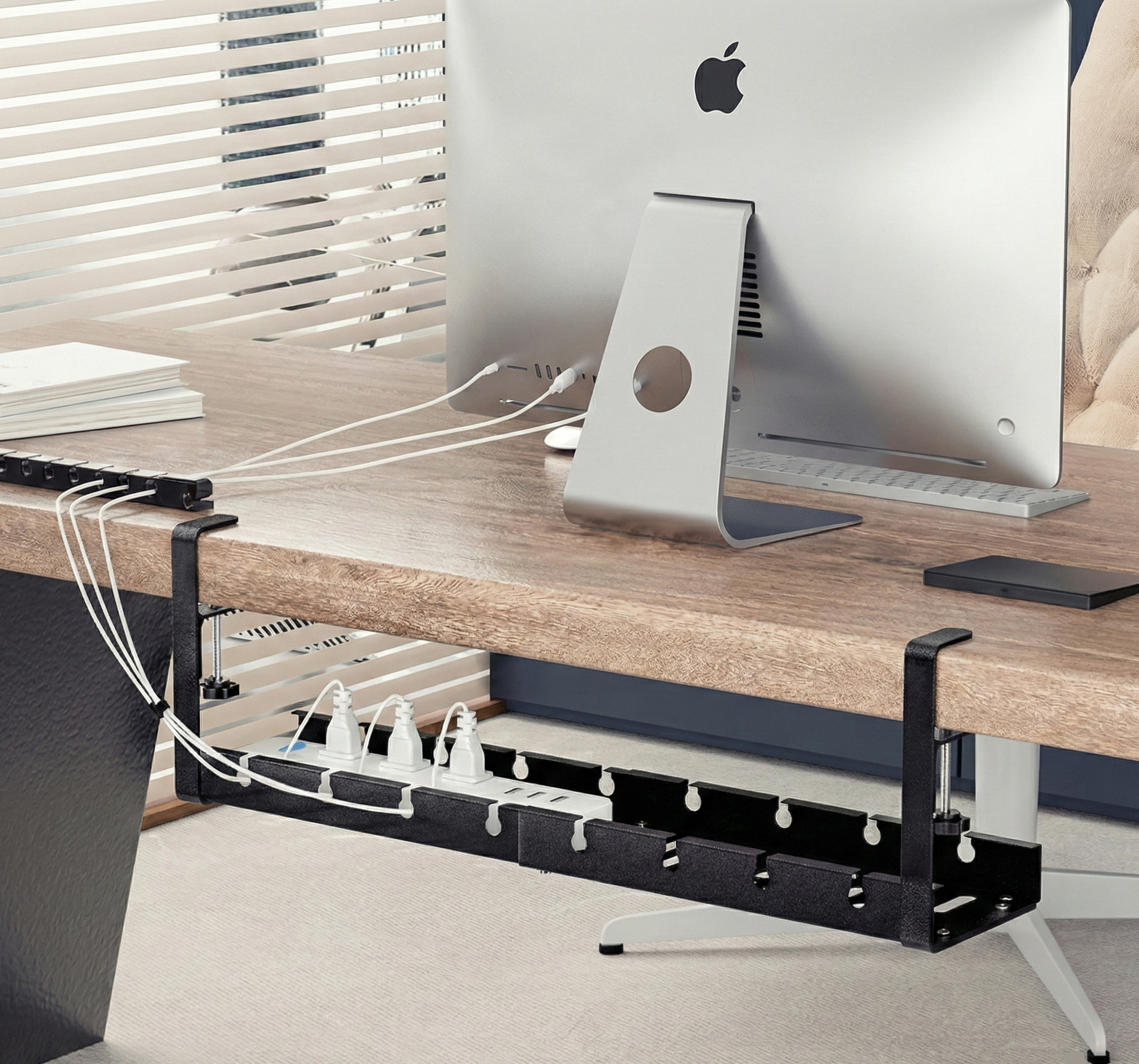 Organizator de cabluri sub birou, tava metalica cu clema, fara gaurire, extensibil 29–54,5 cm, negru