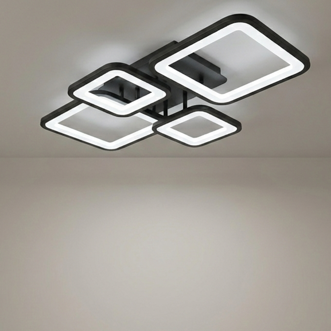 Lustra LED tavan 2+2 patrate neagra, cu telecomanda, echivalent 500W, lustra moderna dormitor