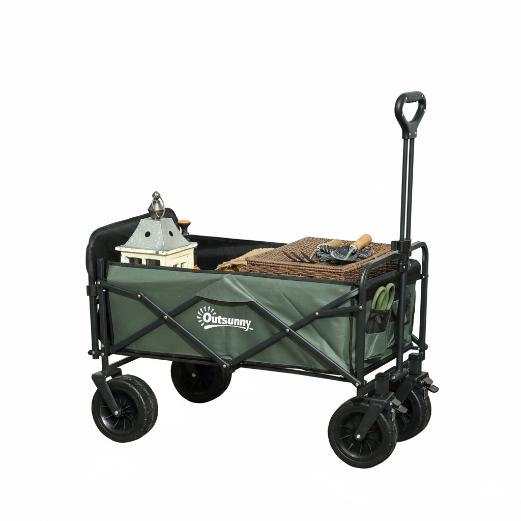 Carucior pliabil de gradina cu deschidere posterioara, roti mari si buzunare de depozitare, 125x48x78-102 cm, verde