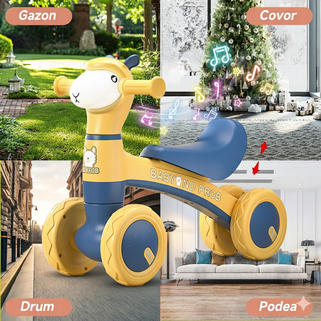 Bicicleta fara pedale pentru copii, 4 roti, lumini si muzica, jucarie de echilibru albastru-galben