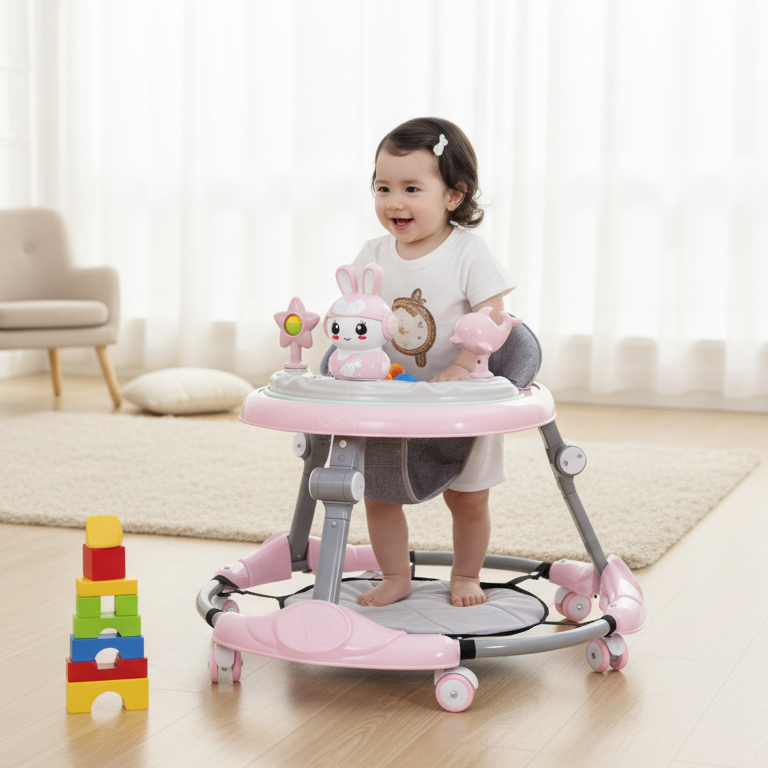 Premergator multifunctional pentru bebelusi, tava cu 3 jucarii si muzica, reglabil si pliabil, max 20 kg, 6–36 luni, roz