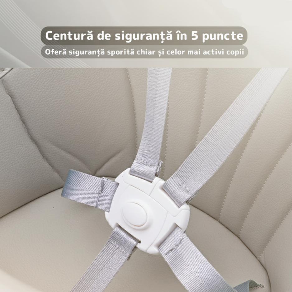 Scaun de masa 3 in 1 pentru bebelusi si copii, reglabil pe 3 niveluri, cu centura in 5 puncte si tavita detasabila, gri deschis