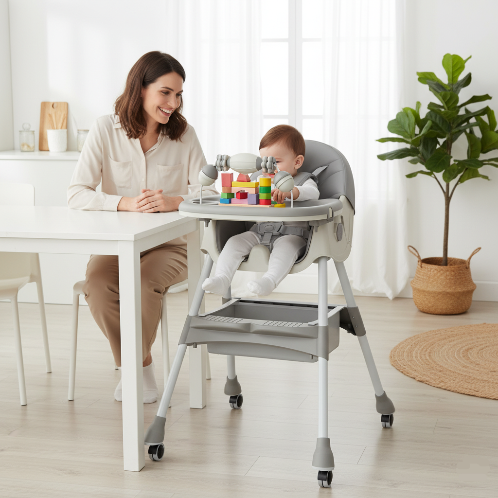 Scaun de masa 3 in 1 pentru bebelusi si copii, reglabil pe 3 niveluri, cu centura in 5 puncte si tavita detasabila, gri deschis