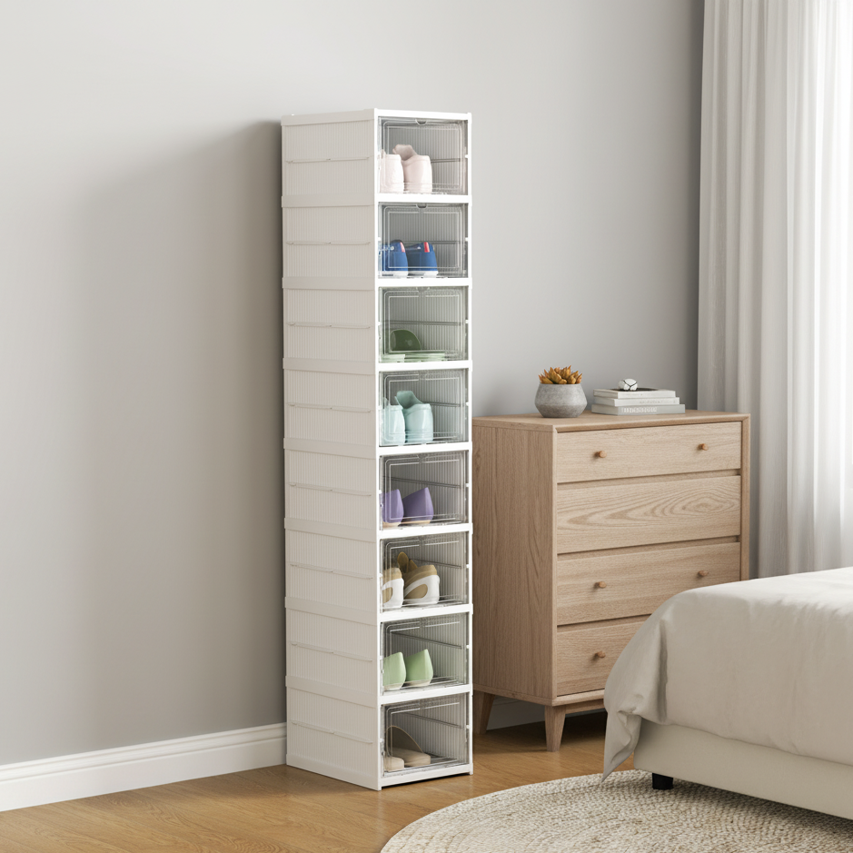 Dulap modular pentru pantofi cu 9 cutii stivuibile, 26x35x140 cm, alb