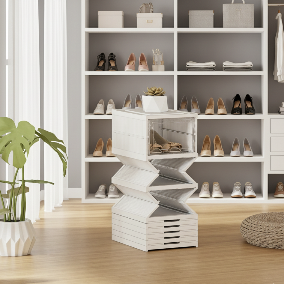 Dulap modular pentru pantofi cu 9 cutii stivuibile, 26x35x140 cm, alb