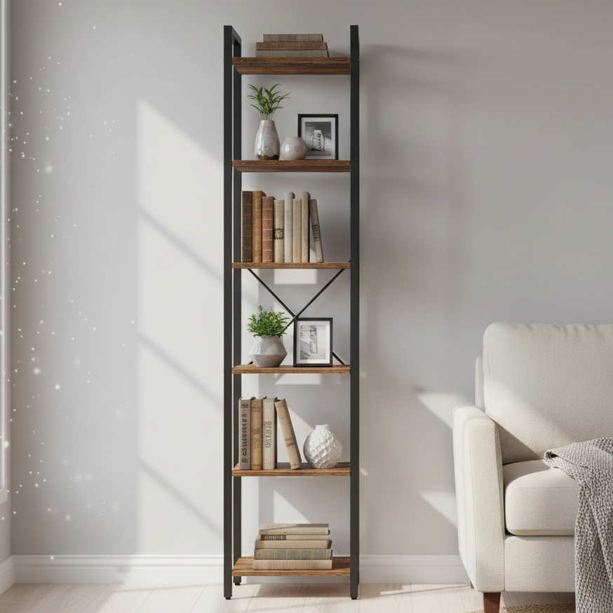 Raft tip biblioteca cu 6 etaje, cadru metalic si polite din lemn, 30x40x187 cm, stil industrial maro rustic-negru