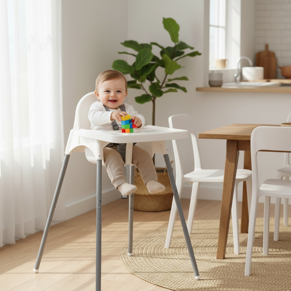 Scaun inalt fix pentru bebelusi cu inaltime reglabila, tava detasabila si suport pentru pahare, alb