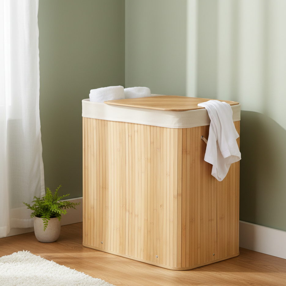 Cos de rufe din bambus pliabil, cu capac, cos depozitare haine pentru baie si dormitor