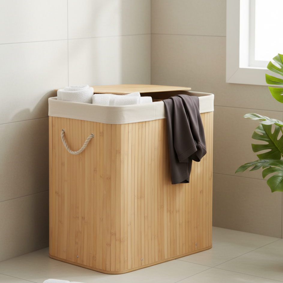 Cos de rufe din bambus pliabil, cu capac, cos depozitare haine pentru baie si dormitor