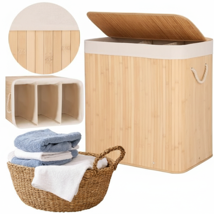 Cos de rufe din bambus pliabil, cu capac, cos depozitare haine pentru baie si dormitor