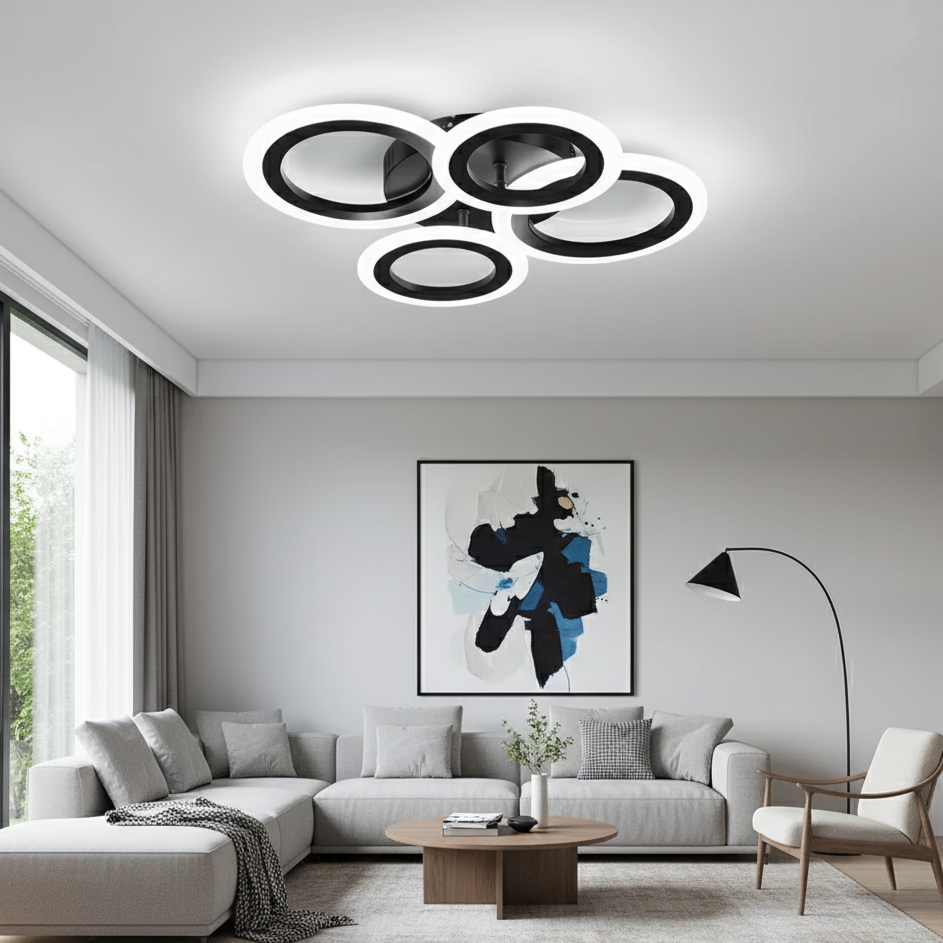 Lustra LED tavan 2+2 cercuri neagra, cu telecomanda, echivalent 400W, lustra moderna pentru living
