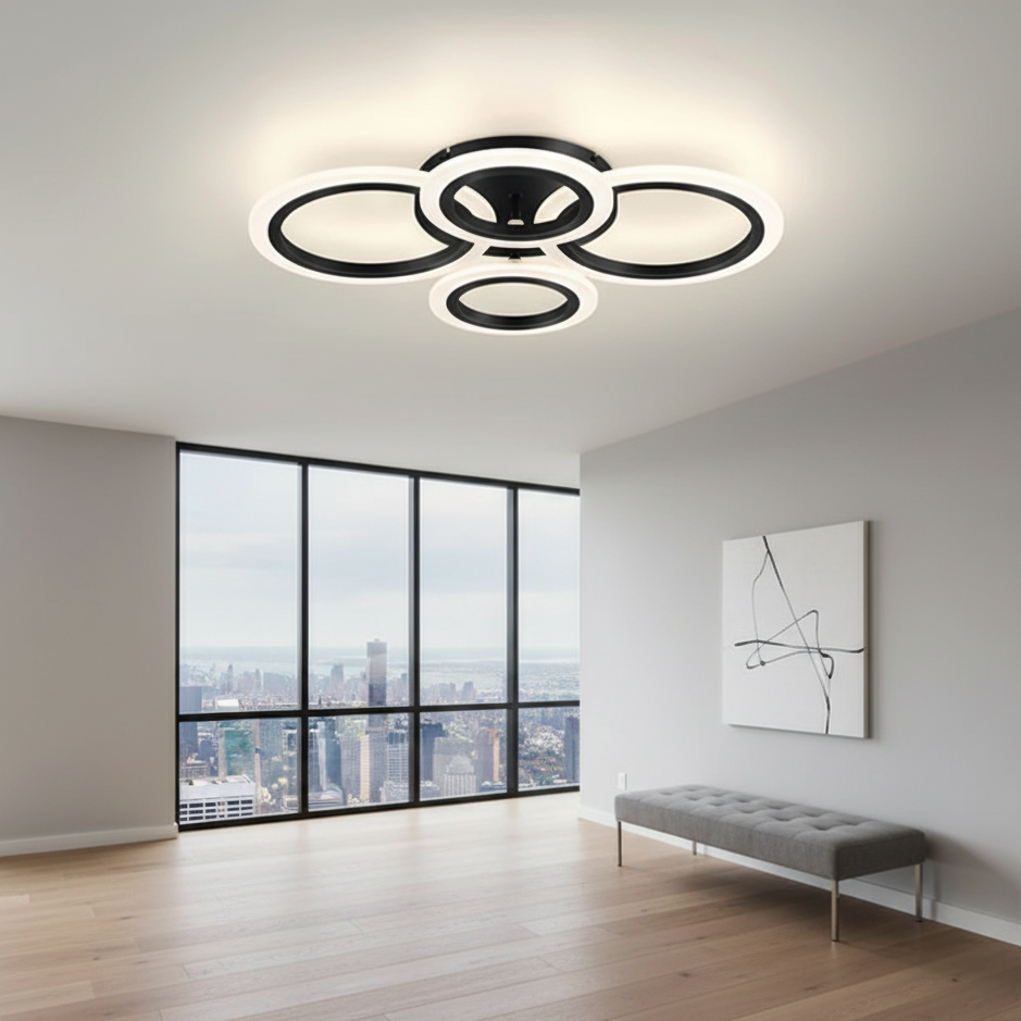 Lustra LED tavan 2+2 cercuri neagra, cu telecomanda, echivalent 400W, lustra moderna pentru living