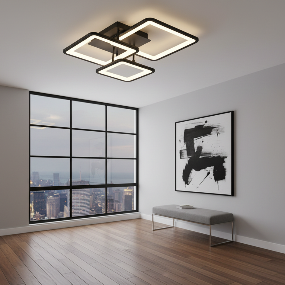 Lustra LED tavan Three Square neagra, cu telecomanda, echivalent 400W, design patrat modern