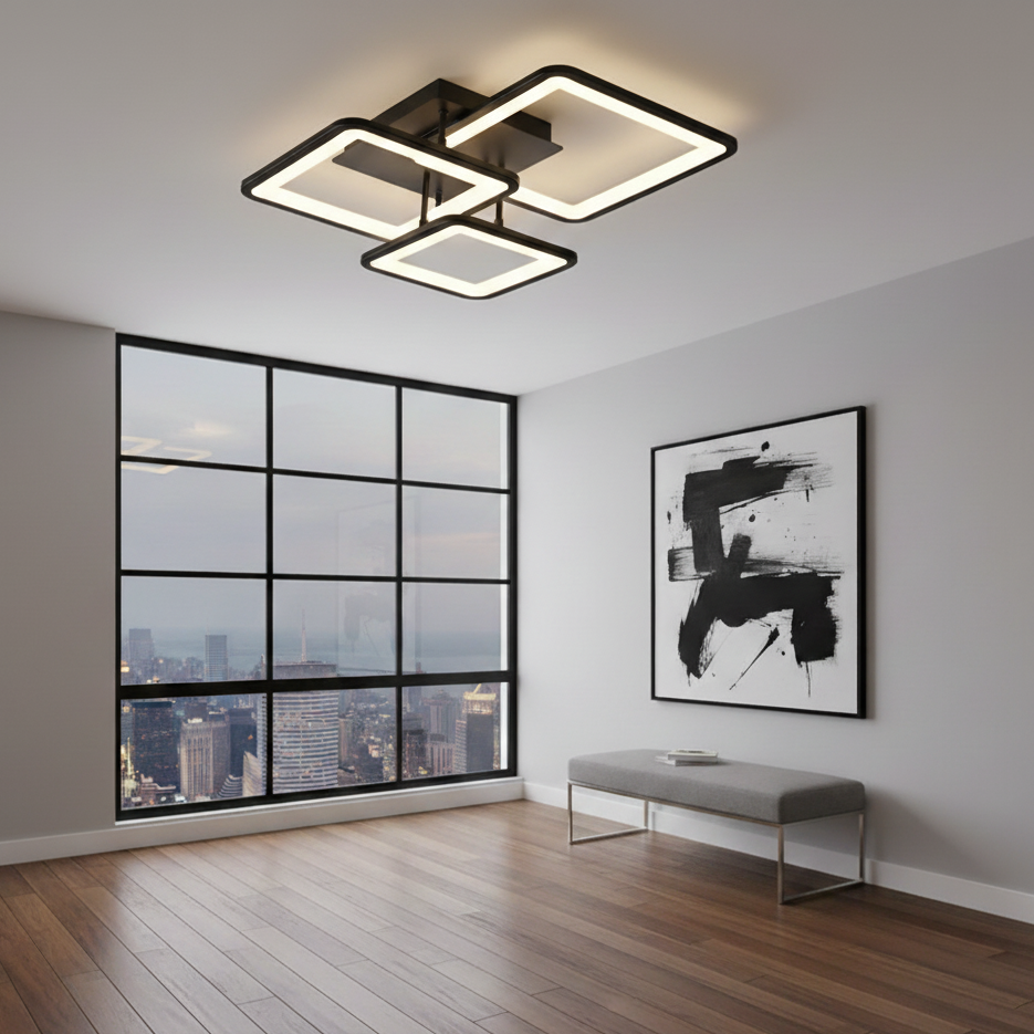 Lustra LED tavan 2+2 patrate neagra, cu telecomanda, echivalent 500W, lustra moderna dormitor