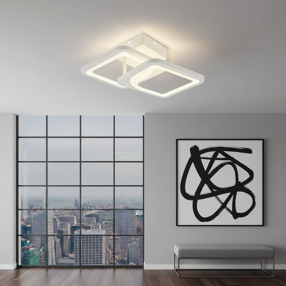 Lustra LED tavan 1+1 patrat alba, cu telecomanda, echivalent 300W, lustra moderna 40cm