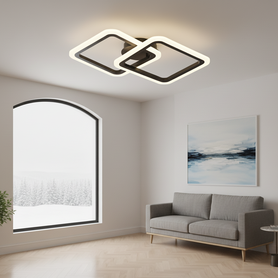 Lustra LED tavan 1+1 patrat neagra, cu telecomanda, echivalent 300W, lustra patrata moderna