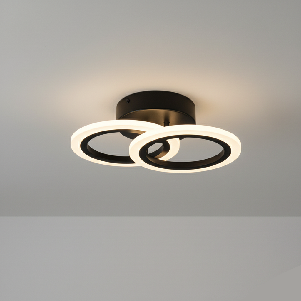 Lustra LED tavan doua cercuri negre, cu telecomanda, echivalent 250W, lustra rotunda 40cm