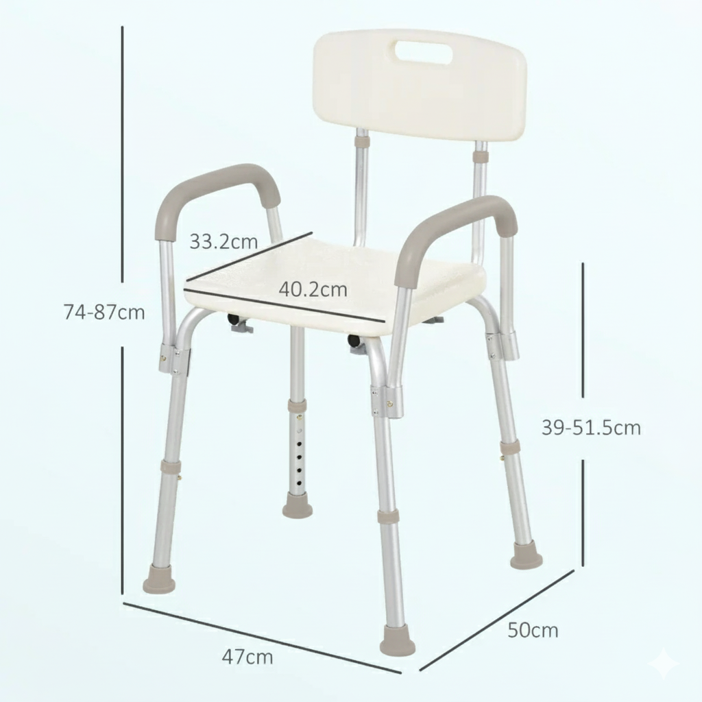 Scaun duș din aluminiu reglabil cu spătar și brațe 47x50x74–87 cm – Alb