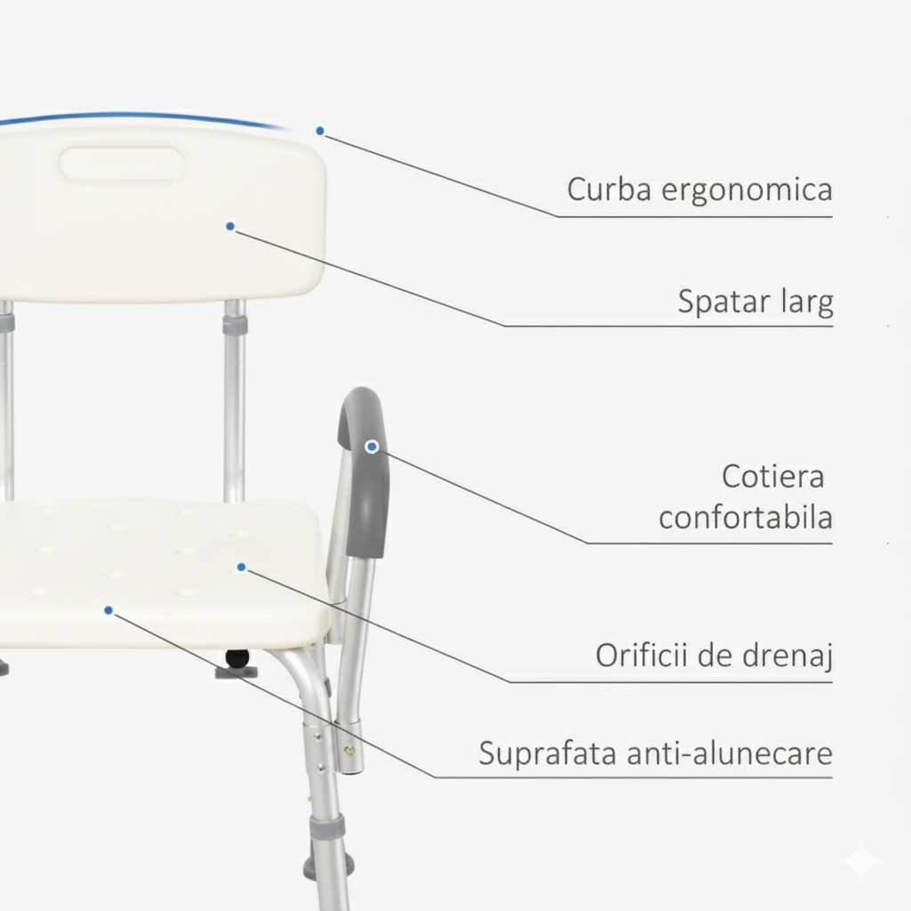 Scaun duș din aluminiu reglabil cu spătar și brațe 47x50x74–87 cm – Alb