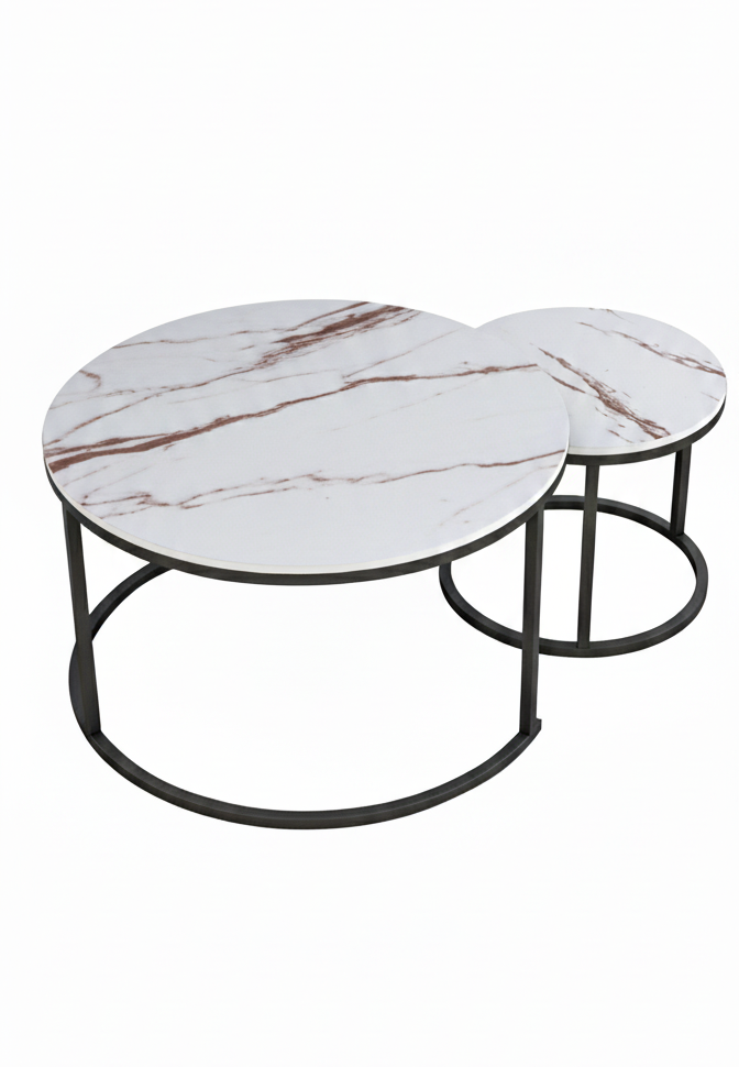 Set 2 măsuțe de cafea cu efect marmură, diametru 80/60 cm, Alb