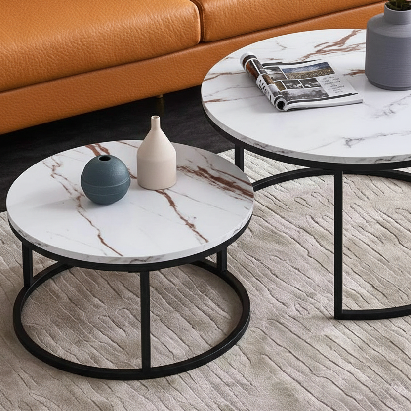 Set 2 măsuțe de cafea cu efect marmură, diametru 80/60 cm, Alb